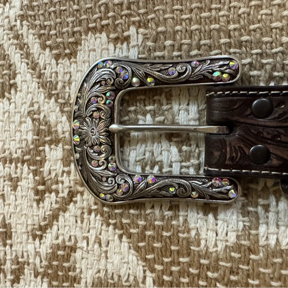 Ariat Brown Genuine Leather Belt with Silver Buckle and Swarovski Crystals - Picture 15 of 15